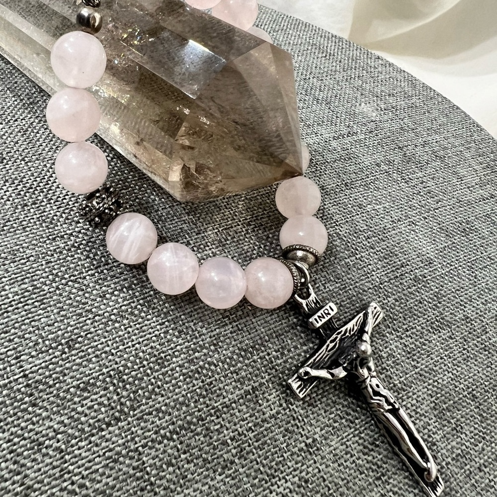 Rosary" Bracelet Rose Quartz Stone with Cross Stainless Steel Silver ☑️ - Picture 14 of 14